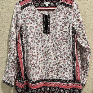 J. Jill Floral Tunic Top w/Border Print Pattern Small Long Sleeve